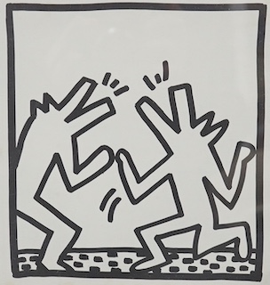 Keith Haring (American, 1958-1990), limited edition edition print, ‘Barking dogs’, Tony Shafrazi New York Gallery label verso, 23 x 22cm. Condition - good